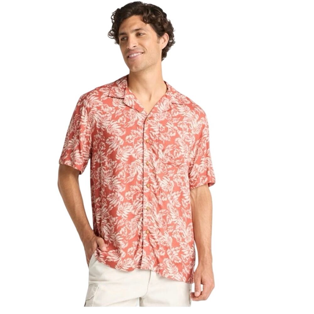 George Men's Viscose Camp Shirt, Size 3XL Orange Leaf Hawaiian Shirt NEW